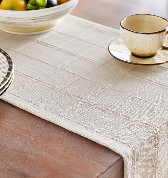 ZeeMart Linen Checked Farmhouse Table Runner, 13x90 Inches Ivory | Raised Grid Design, Rich Woven Texture, Linen Blend Table Runners 90 Inches Long, Machine Washable, Boho Home Kitchen Decor