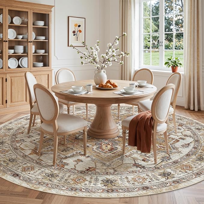 Madane Washable 9ft Circle Round Rug, 9x9 Circular Area Rugs, Turmeric/Grey | Non-Slip Vintage Floor Carpet for Living Room Dining Room, Low Pile Home Decor Mat For Bedroom Office Under Table