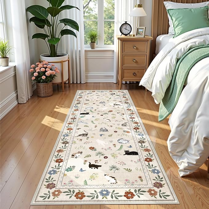 AIMPEAK 2x6 Non Slip Runner Rug - Washable Cat Floral Kitchen Carpet with Rubber Backing, Soft Low Pile Long Mat for Kitchen, Laundry Room, Bedroom, Bathroom, Hallway, Beige Multi