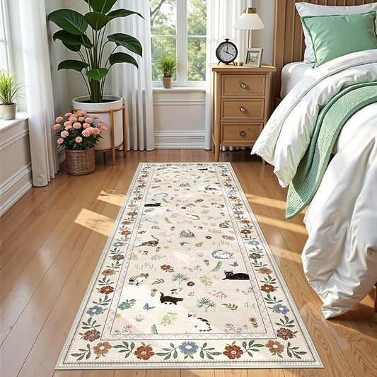 AIMPEAK 2x6 Non Slip Runner Rug - Washable Cat Floral Kitchen Carpet with Rubber Backing, Soft Low Pile Long Mat for Kitchen, Laundry Room, Bedroom, Bathroom, Hallway, Beige Multi