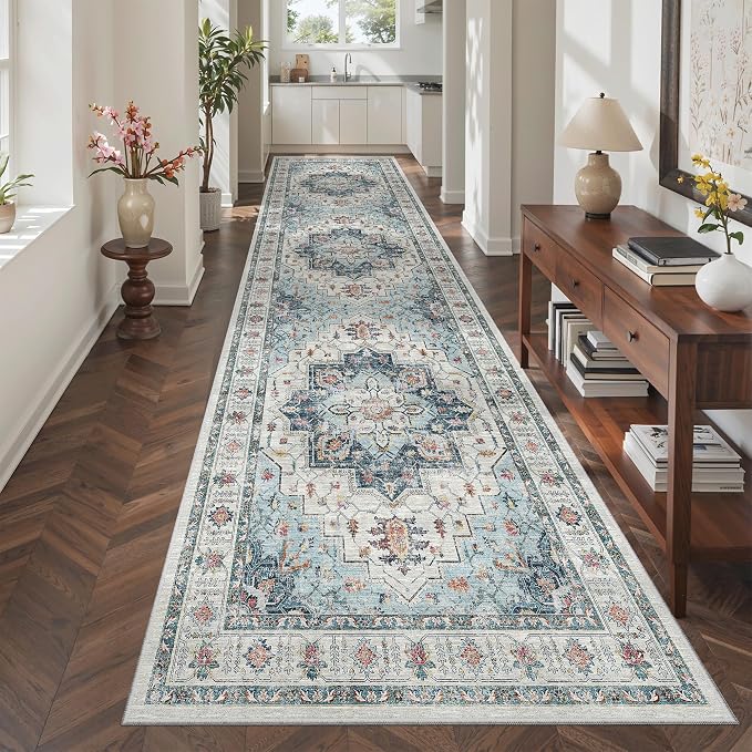Madane Hallway Runner Rug 3x10 Washable Kitchen Runners 10ft, Blue | Vintage Non-Slip Entryway Area Rugs Indoor, Soft Low-Pile Farmhouse Wide Floor Carpet for Bathroom Living Room Bedroom Foyer