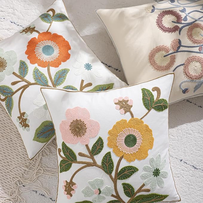 Embroidered Throw Pillow Covers 18x18 Pack of 2 Green and Orange Pillow Covers Flowers with Leaves Pillow Cushion Case Summer Decorative Farmhouse Pillowcases Square Rustic Floral Pillow Case