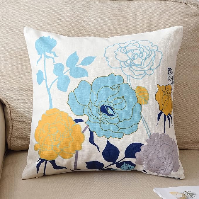 Turquoise Yellow Floral Pillow Covers 16x16 Set of 2 Cotton Linen | Durable Thick Cotton Linen Material, Soft Breathable Floral Decor, Suitable For Spring Summer Couch Bed & Outdoor Patio Porch