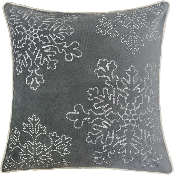 Embroidery Gray Velvet Throw Pillow Cover, Merry Christmas Series Snowflake Luxury Soft Fuzzy Cozy Warm Slik Gift Square Couch Cushion Pillow Case 20 x 20 Inch, Cover Only