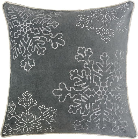 Embroidery Gray Velvet Throw Pillow Cover, Merry Christmas Series Snowflake Luxury Soft Fuzzy Cozy Warm Slik Gift Square Couch Cushion Pillow Case 20 x 20 Inch, Cover Only