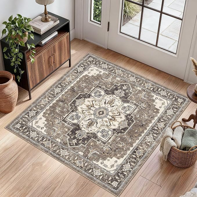 Washable 3x3 Square Rug Entry: Vintage Throw Rugs with Non-Slip Rubber Backing Soft Thin Stain Resistant Carpet for Kitchen Bedroom Entrance Home Decor Floor Mat for Living Room Bathroom (Beige,3x3)