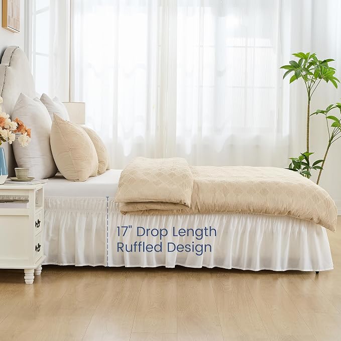BISELINA Wrap Around Bed Skirts 17" Drop, Cotton Adjustable Elastic Dust Ruffles Easy Fit Wrinkle & Fade Resistant Soft Cozy Elegant Luxurious Bedding - White, Queen Size