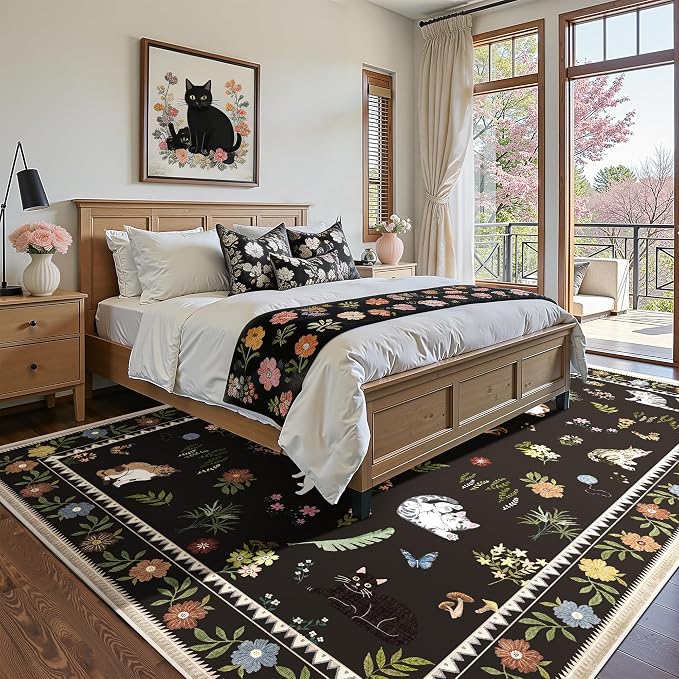 AIMPEAK Black 5x7 Washable Area Rug - Non Slip Low Profile Cat Floral Boho Carpet for Living Room, Bedroom, Farmhouse, Dining Room, Kids Playroom, Nursery, Vintage, Black Multi