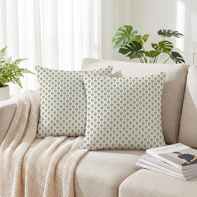 Hexagram Floral Pillow Covers 18x18, Vintage Green Throw Pillow Covers | Olive Green, Set of 2, Farmhouse Neutral Decorative for Couch Pillows, Home Decor, Living Room, Bedroom, No Insert