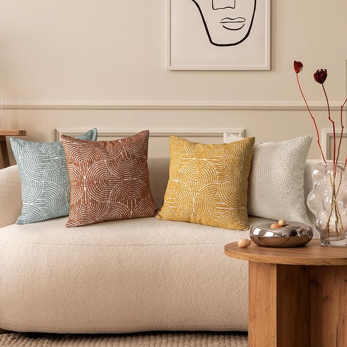 AELS Boho Decorative Textured Throw Pillow Covers 18x18, Organic Modern Mid Century Rainbow Tufted Pillow Case, Farmhouse Rustic Geometric Woven Cushion Case for Bed Couch Sofa, Slate Pale Blue Gray