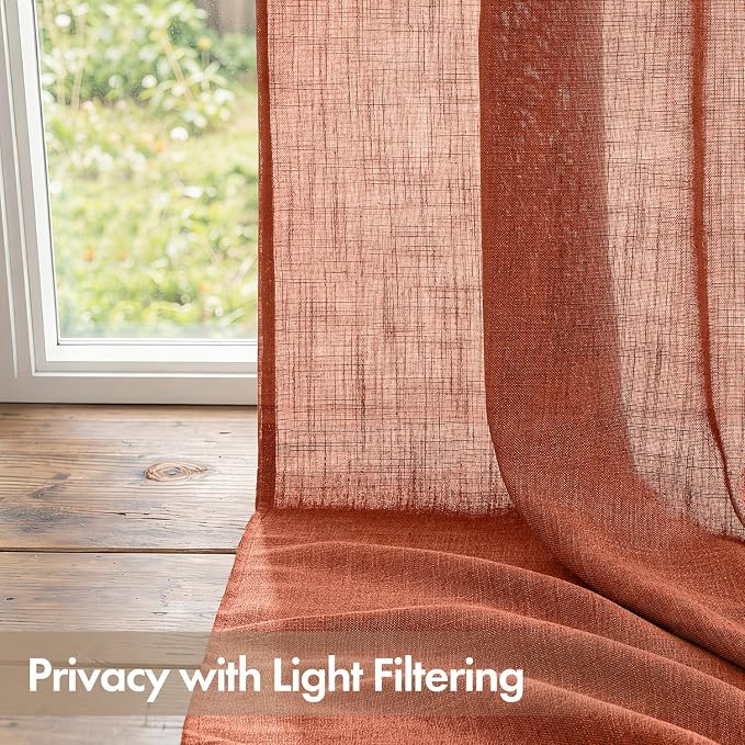 MIULEE Burnt Orange Fall Back Tab Linen Curtains 4 Panels 42W x 102L | Linen material, light filtering, rod pocket back tab hanging, farmhouse decor for living room bedroom