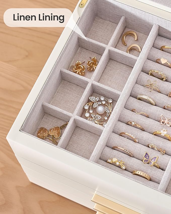 Lolalet Jewelry Box, Clear Window Wood Jewelry Storage for Earrings Bracelets Necklaces Rings, High Capacity Organizer for Women, Valentine's Day Gift -Beige, 4 Layers