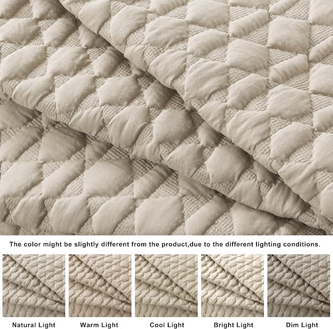 Beige Quilt Queen Size Bedding Sets with 2 Pillow Shams, Lightweight Soft Bedspread Coverlet, Quilted Blanket Thin Comforter Bed Cover, All Season Summer Spring, Tan Cream, 3 Pieces, 90x90 inches