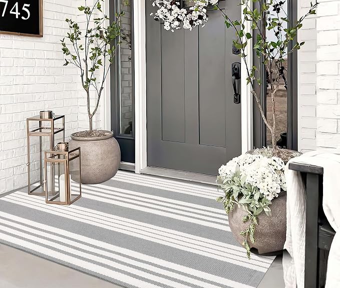 Grey and White Outdoor Rug 3'x 5'Cotton Washable Front Porch Mat Area Rug | Hand-Woven Door Mat Outdoor For Entryway Combined With Hello Welcome Mat