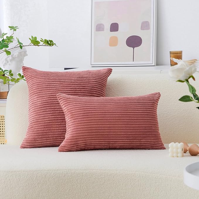 Home Brilliant 26x26 Pillow Covers Euro Shams Cover Large Solid Striped Corduroy Euro Throw Pillow Cushion Cover Sham for Patio, 26 x 26 inch, Dry Rose Pink