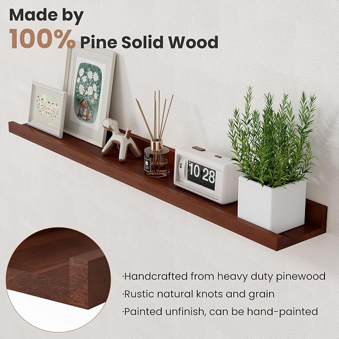 Acovy Floating Shelves for Wall, 16 inch Solid Wood Picture Ledge Shelf, Picture Shelf for Wall with Ledge, Floating Book Shelves for Living Room Bedroom Kitchen Nursery Decor, Walnut, Set of 2