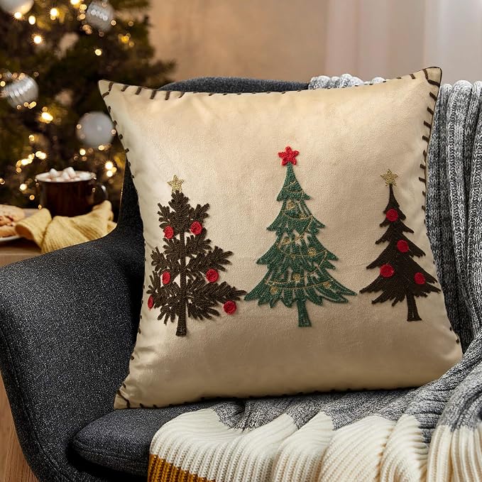 Christmas Tree Pillow Covers 18x18 Inch Gold Embroidered Tree Throw Pillows for Holiday Decorations - Cushions for Couch, Sofa, Bed, Living Room, Bedroom