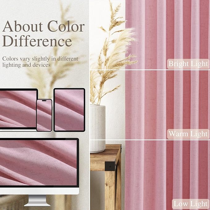 Rose Linen Curtains 108 Inches Long 2 Panels Set with Back Tab Loop Pocket Light Filtering Semi Sheer Boho Decor Extra Long Drapes for High Ceiling Living Room 52x108