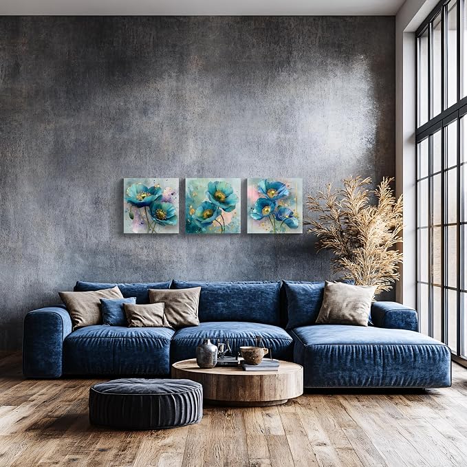NAN Wind 3Pcs Blue Teal Poppy Flower Wall Art Canvas Print with Gold Accents Modern Botanical Floral Contemporary Watercolor Style Elegant Flower Artwork for Living Room Bedroom Home Office Wall Decor