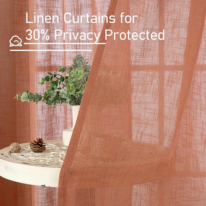 Terracotta Linen Curtains 108 Inch Semi Sheer Light Filtering 2 Panels