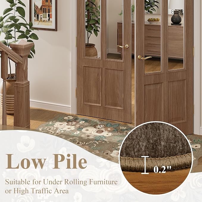 DUKINO 2x6 Runner Rug, Floral Washable Rug for Kitchen, Light Taupe | Soft, Low Pile, Non-Shedding Long Runner Rugs for Kitchen, Entryway, Bedroom, Bathroom, Pet Friendly, Home Decor, Ultra-Thin
