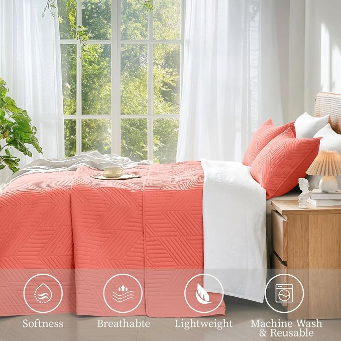 Davulos King/Cal King Quilt Set in Coral,Soft Reversible Microfiber Bedspread for All-Season Use in Bedroom or Dorm,Lightweight Modern Geometric Coverlet (1 Quilt, 2 Pillow Shams)