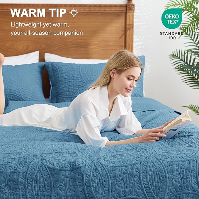 Love's cabin Quilts for Full Bed Misty Blue Bedspreads Bedding Set - Lightweight Bedspread Comforter - Coin Pattern Bedding Coverlet for All Season - 3 Pieces (1 Quilt, 2 Pillow Shams)
