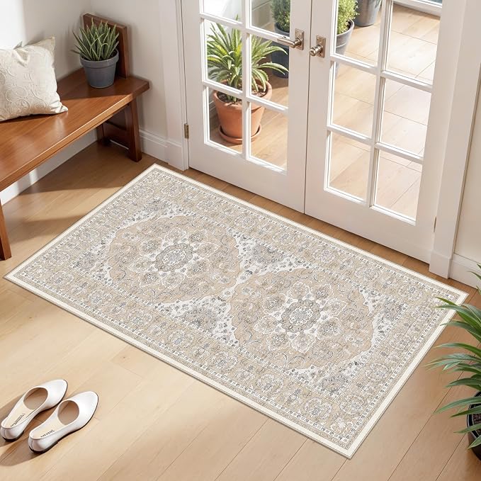 RUUGME Entryway 2x4 Runner Rug: Washable Vintage Kitchen Rugs Non-Slip Low Pile Lightweight Carpet for Hallway Bedroom Soft Thin Stain Resistant Floor Mat for Bathroom Laundry Room (Beige/Cream,2x4)