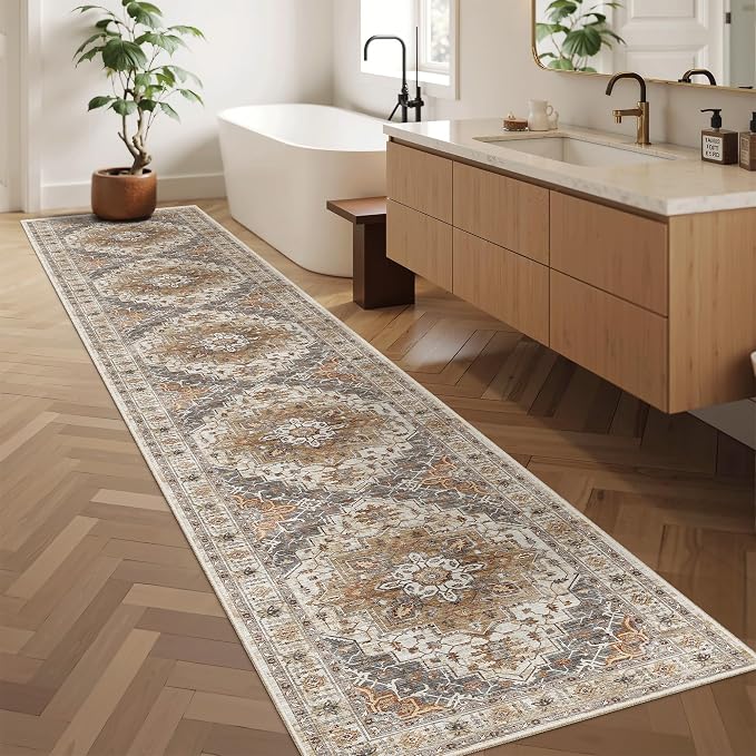 Madane Washable Runner Rugs 2x12 Long for Hallway Kitchen, Turmeric/Grey | Non-Slip Vintage Printed 12ft Rug Runners with Rubber Backing, Thin Low-Pile Floor Carpet Laundry Room Entryway, Corridor