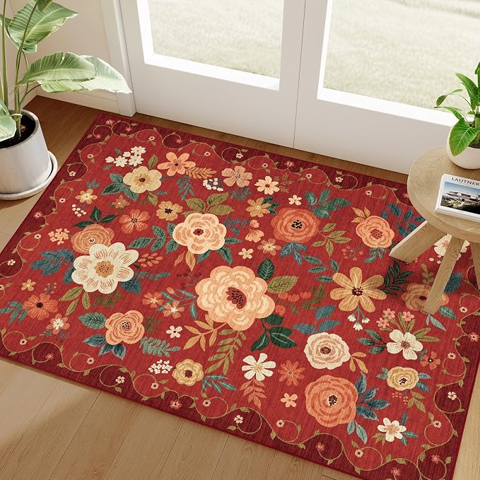 DUKINO 2x3 Entryway Rug, Floral Door Mat Soft Washable Rug Non Slip, Red | Low Pile, Non-Shedding Small Rug for Kitchen, Entrance, Bedroom, Bathroom, Pet Friendly, Stain Resistant, Modern Home Decor