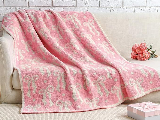 Buryeah Pink Bow Blanket Soft Microfiber Double Sided Bow Throw Blanket 50"x 60" Coquette Aesthetic Dormitory Room Decor Plush Sofa Chair Bedding Stuff for Women, Christmas Fall Thanksgiving Gifts