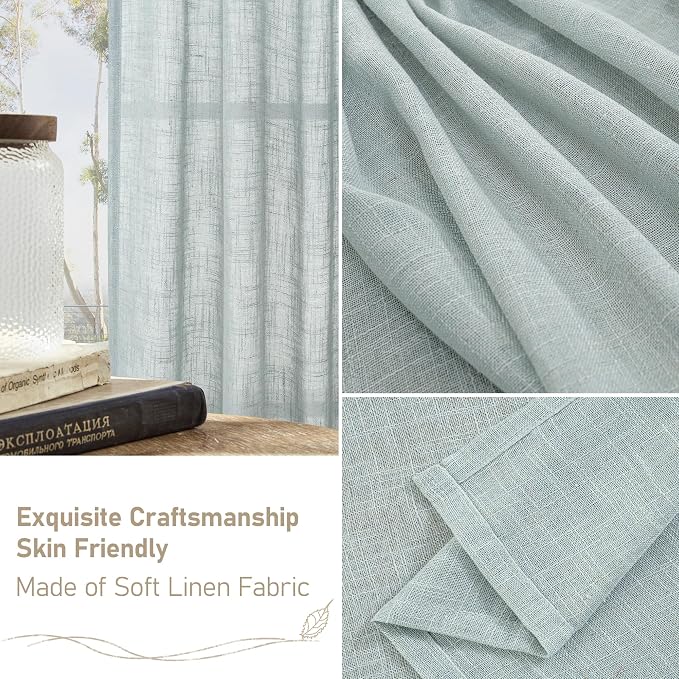 Short Linen Curtains 40 Inch Length 2 Panels, Light Filtering Panels | Semi Sheer, Neutral, Curtains for Bedroom, Basement, Window, Loft Room, Rod Pocket Back Tab, Greyish Blue, 34 x 40 Inch