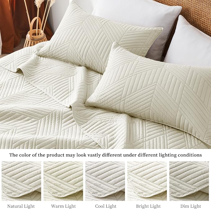 Davulos Full/Queen Quilt Set in Cream, Soft Reversible Microfiber Bedspread for All-Season Use, Lightweight Coverlet with Modern Geometric Pattern (1 Quilt, 2 Pillow Shams)