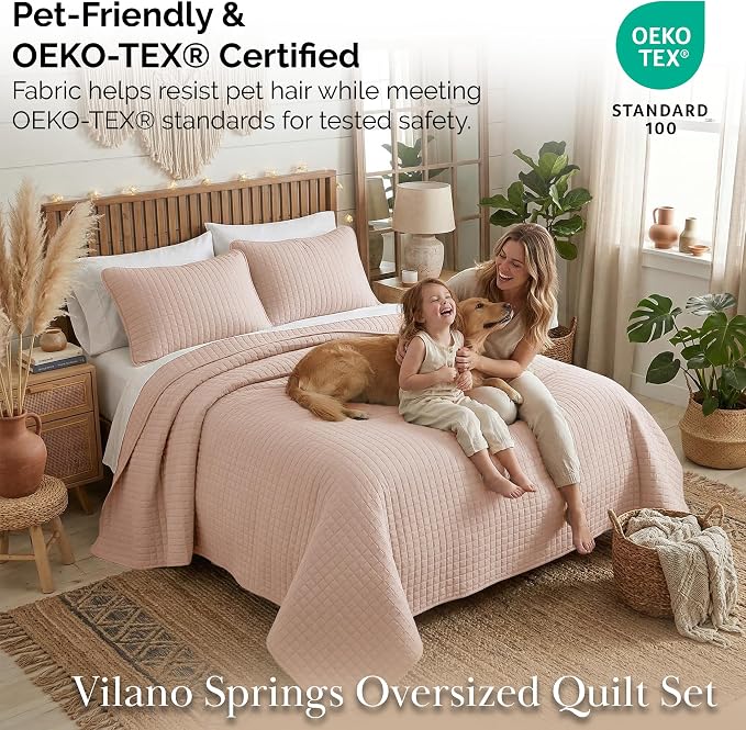 Southshore Fine Living, Inc. Full/Queen Quilt Set, Stitched Full Size with 2 Matching Pillow Shams, Lightweight Quilt Coverlet, Easy Care Machine Washable Queen Size Quilt Bedspread, Blush