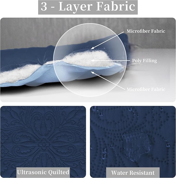 Easy-Going Reversible Quilt Set King, Bedspread with 2 Shams | Damask-Dark Blue/Light Blue, Lightweight Microfiber Bed Comforter, 1 Quilt + 2 Pillow Shams, All-Season Coverlets