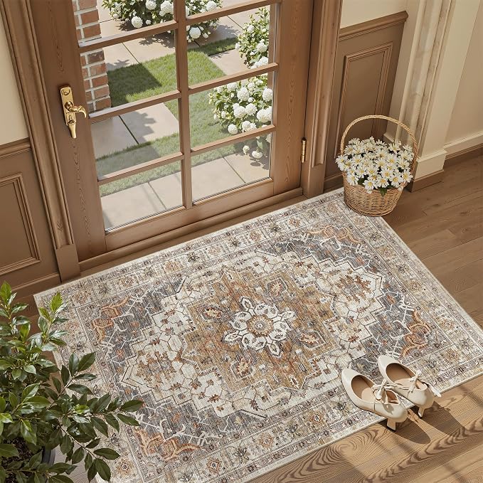 Madane Washable Entry Rug 3x4 Area Rugs for Entryway Kitchen, Turmeric/Grey | Vintage Printed Door Mat Indoor Entrance, Low-Pile Floor Carpet Runner for Inside Front Bedroom Kitchen Entry Laundry, Stair