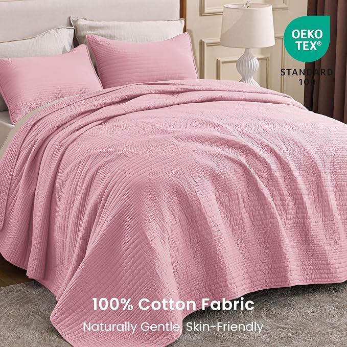 Love's cabin Queen Size Cotton Quilt Set, 100% Cotton Fabric Striped Textured Coverlet with Crinkled Look, Lightweight Quilted Bedspread for All Season, Includes 2 Pillow Shams, Pink