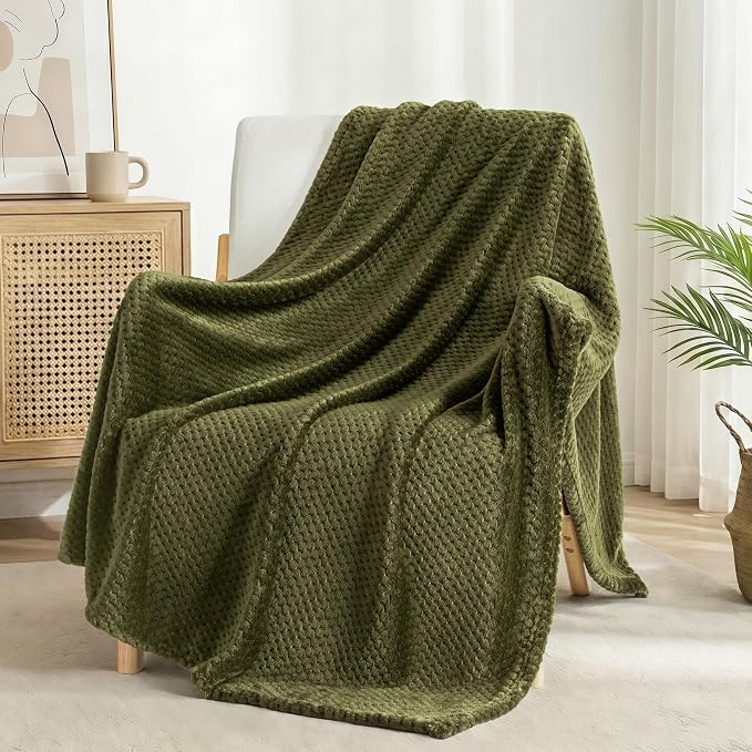 Exclusivo Mezcla Soft Waffle Fleece Bed Blanket King Size, Olive | Lightweight Plush Blanket for Bed, Bedroom, Cozy Flannel with Waffle Texture, Stylish Home Decor, All Season, 104x90 Inches