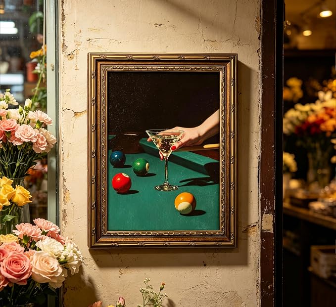 Vintage Gold Framed Bar Wall Art, Retro Dive Bar Martini Pool Oil Painting Canvas Print, Trendy Billiards Cocktail Picture, Lucky 8 Ball Poster Artwork for Tavern Kitchen Dining Room