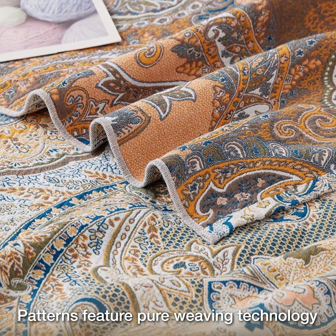 100% Cotton Boho Throw Blanket for Home Decor – Classic Farmhouse Quilt Bedding, Muslin Blankets for Adults, Vintage Woven Decorative Blanket for Couch, Bed Layering Use, Paisley Pattern, 60"x80"