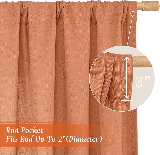 Light Filtering Linen Boho Curtains 84 inch Length for Living Room | Semi Sheer, Privacy, Linen Textured, Drapes for Bedroom, Rustic Farmhouse, Rod Pocket, 52 x 84 Inch, Terracotta, 2 Panels