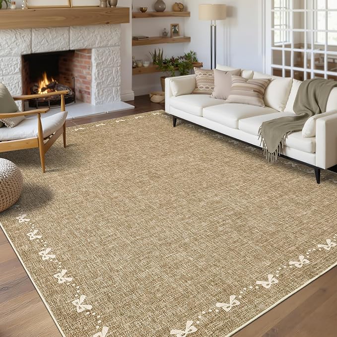 COZYLOOM 10x14 Bow Printed Rug for Bedroom, Large Solid Color Living Room Rug with Non Slip Backing, Stain Resistant Non Shedding Rugs Low Pile Modern Farmhouse Carpet for Bedroom, Dining Room, Brown