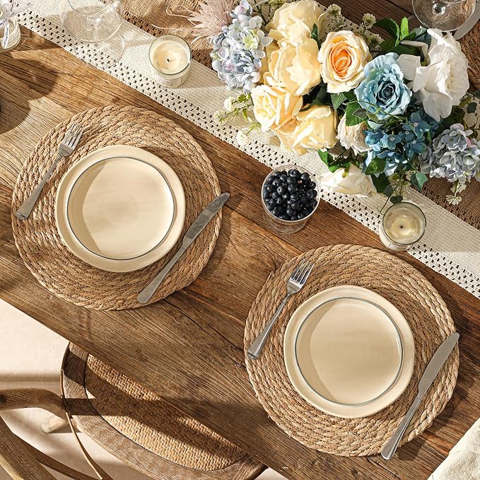 13.8'' Round Woven Placemats Set of 12, Boho Wicker Chargers, Terrekraft | Handmade from Natural Water Hyacinth, Heat-resistant & Non-slip Rattan Chargers, Rustic Farmhouse Decor, Party & Daily Dining