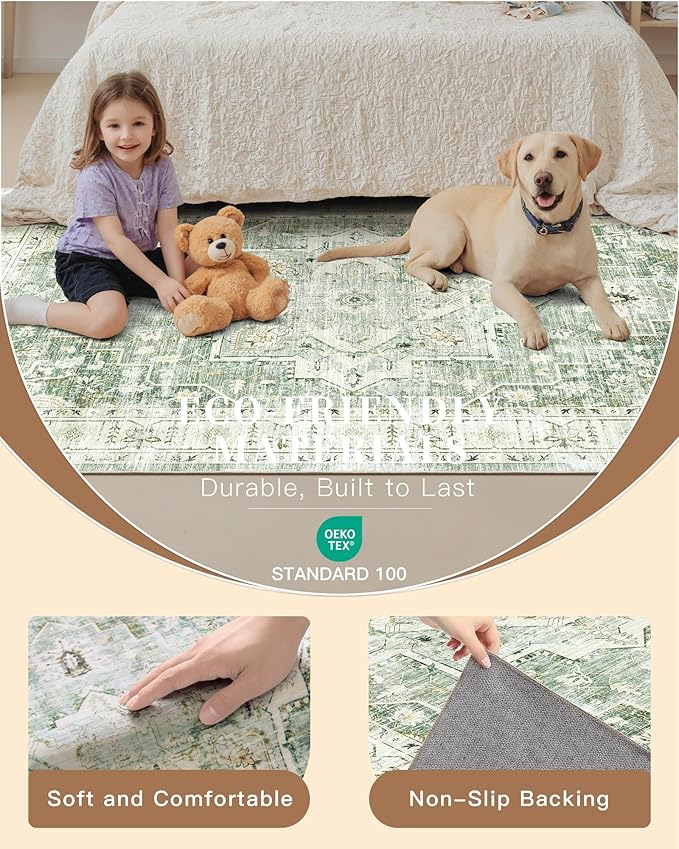 Madane Hallway Runner Rug 2x8 Washable Kitchen Rugs Non-Slip, Green/Ivory | Vintage Machine Washable Low-Pile Floor Carpet 8ft, Soft Ultra-Thin Throw Entry Foyer Mat for Entrance Laundry Living Room