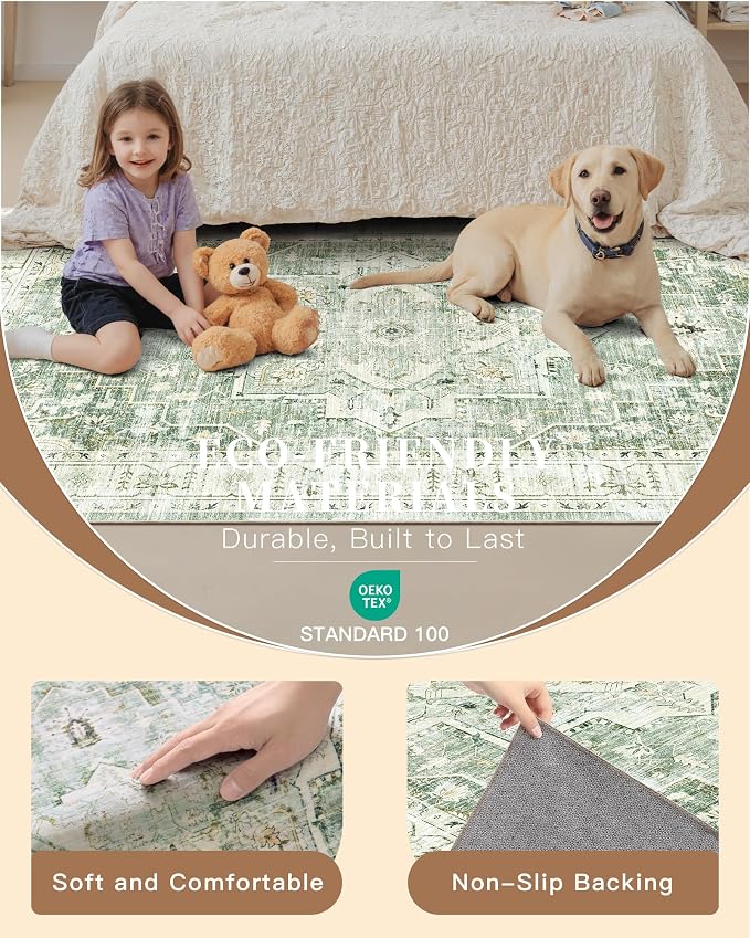 Madane Washable Runner Rugs 2x10 Long for Hallway Kitchen, Green/Ivory | Non-Slip Low-Pile 10ft Rug Runners Soft, Stain-Resistant Floor Carpet Mat for Entrance, Living Dining Laundry Room, Stair