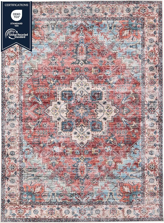 Machine Washable Area Rug, Soft & Durable, Non-Slip, Stain Resistant Rug for Bedroom, Living Room, Dining Room, High Traffic Areas. (Red/Sky Blue, 5' X 7')