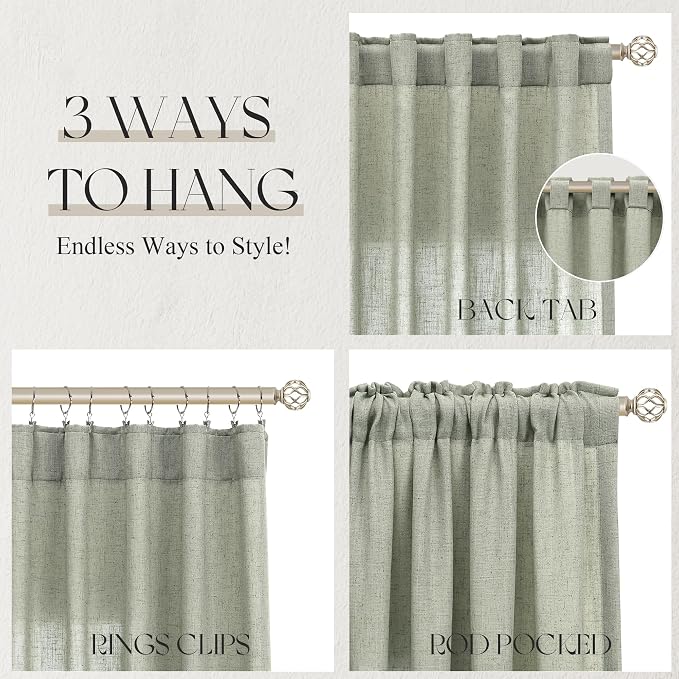 Jowels Sage Green Linen Curtains 72 Inch Long 2 Panels for Living Room | Light Filtering Semi Sheer Curtain, Back Tab Pocket Pleated Look, Boho Farmhouse Textured Privacy Drapes for Bedroom Window