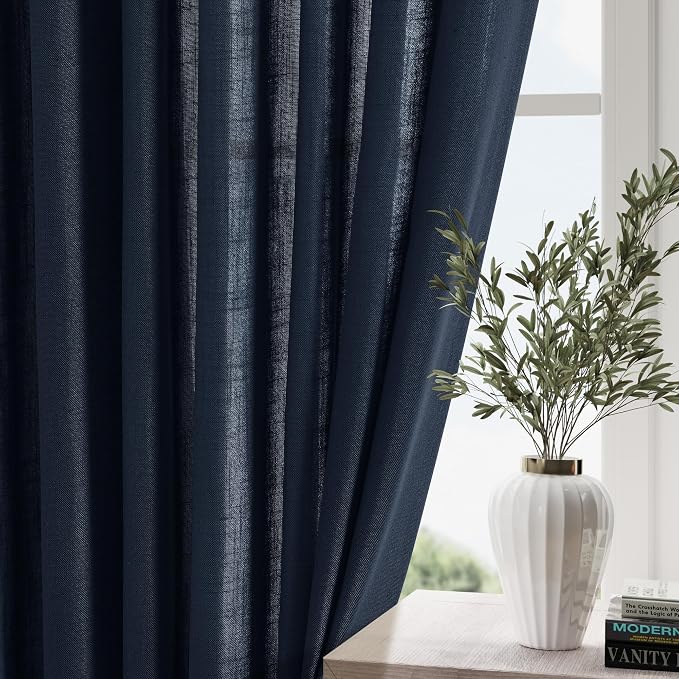 Navy Blue Linen Curtains 96 inches Long for Bedroom Back Tab Light Filtering Privacy Sheer Blue Curtains Boho Farmhouse Nautical Decor Indigo Blue Cotton Textured Draperies 2 Panel Set 52x96