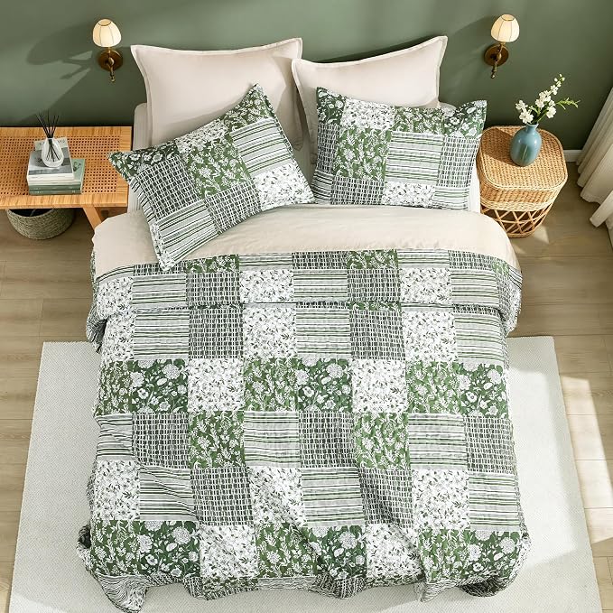 Litanika Floral Sage Quilt Queen - 3Pcs Botanical Birds Bedding Set | Patchwork Bedspread Summer Lightweight Soft Coverlet for All Seasons (96"x90")