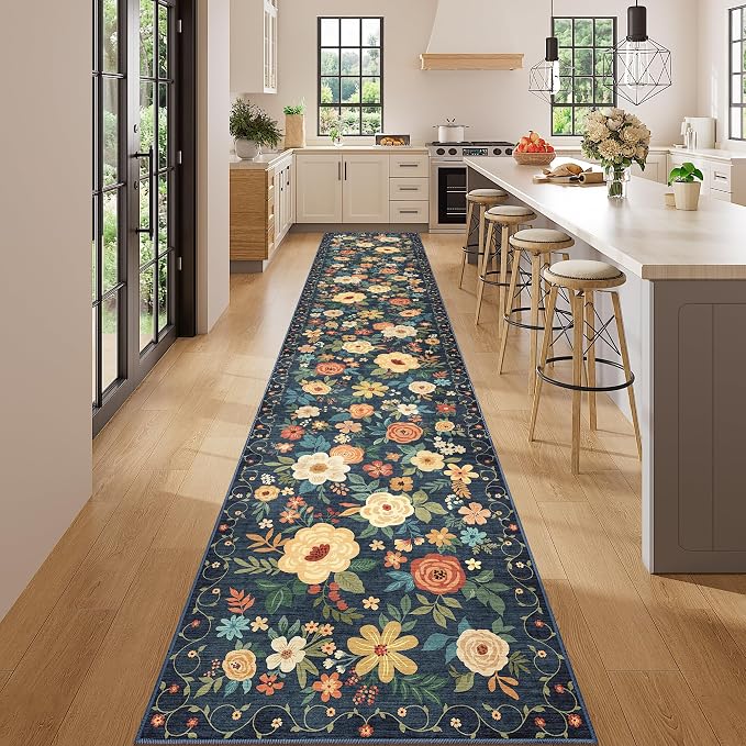 DUKINO 2.6x14 Washable Runner Rug, Floral Non Slip Runner Rug, Navy Blue | Soft, Low Pile, Ultra Thin Indoor Long Rug Runner for Hallway, Entryway, Kitchen, Bedroom, Bathroom, Pet Friendly, Home Decor